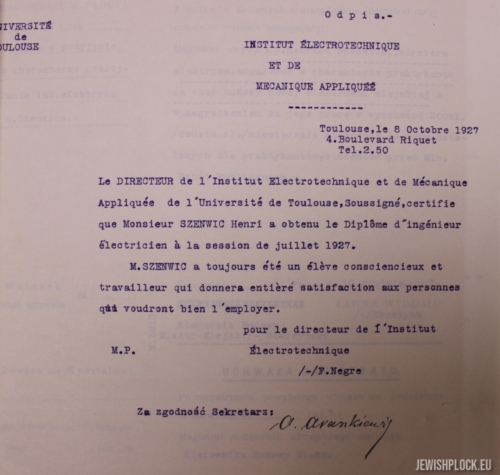 Certificate of the Director of the Institute in Toulouse (copy)